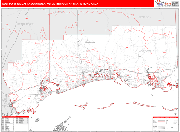 Gulfport-Biloxi-Pascagoula Metro Area Wall Map Red Line Style